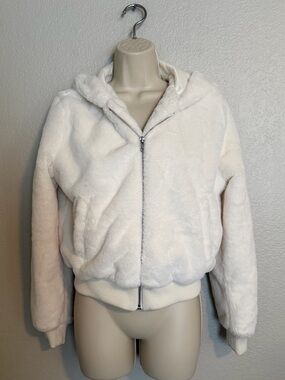 Faux Fur Hooded Bomber Jacket in White